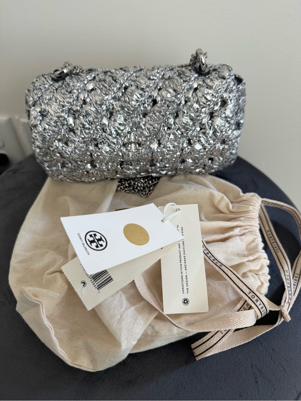 Tory Burch Silver Metallic Crochet Mini Shoulder Bag